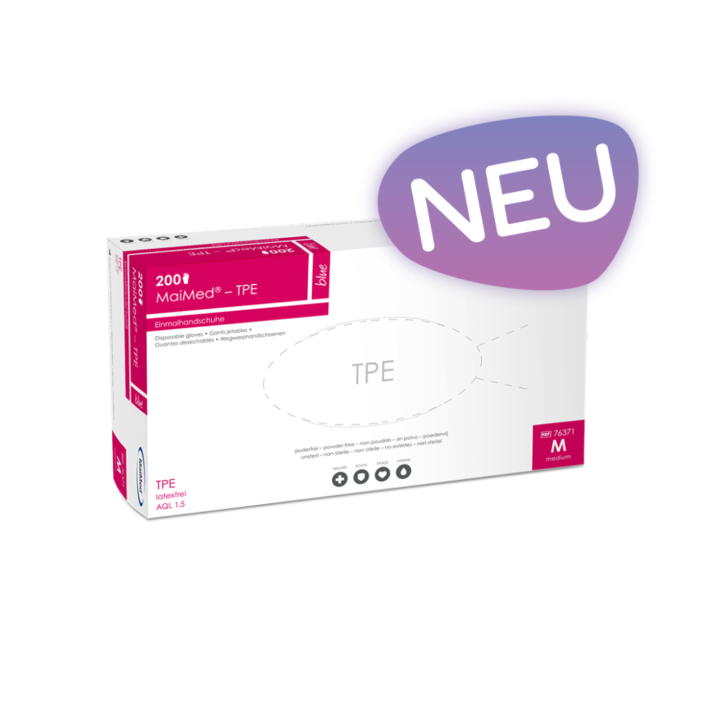 weiße Handschuhbox MaiMed TPE mit roten Ecken, Größe M, REF 76371 mit NEU Badge